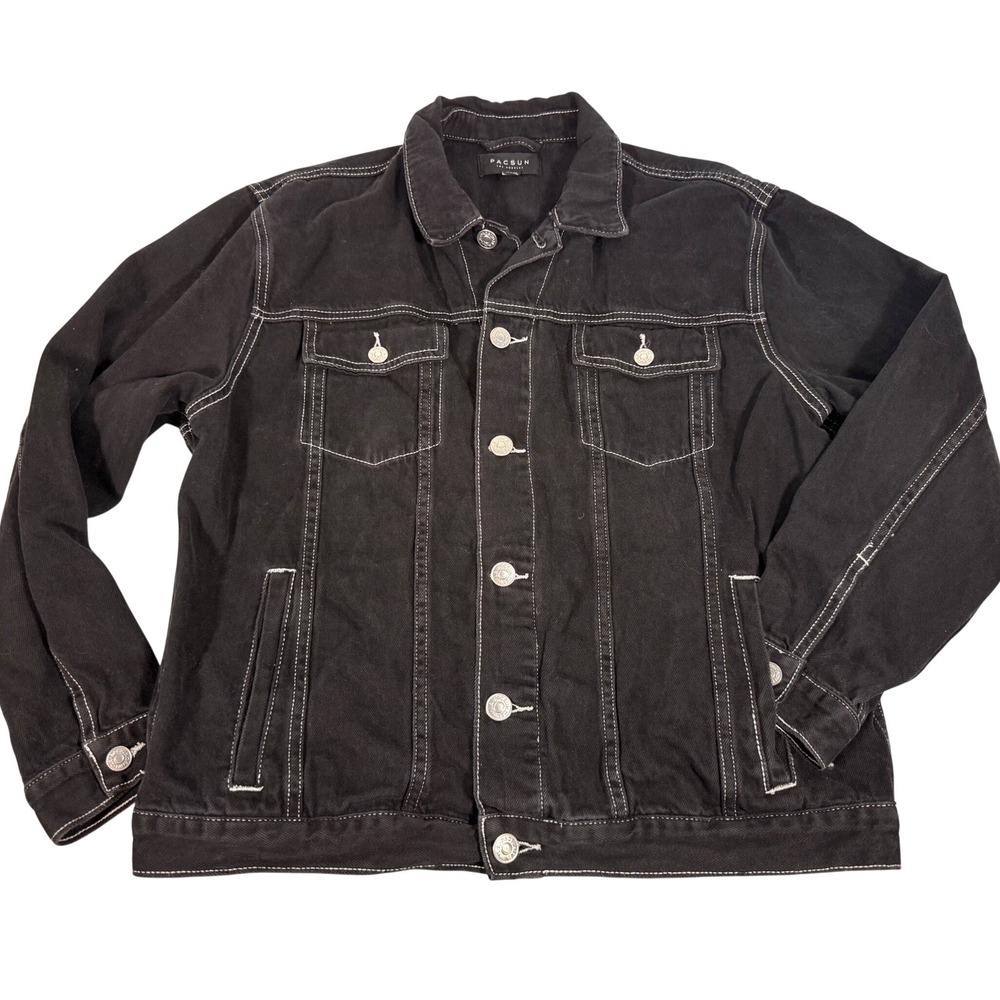 PacSun Mens Black Denim Trucker Jacket White Contrast Stitch Cotton Size M